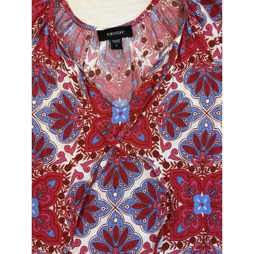 Karen Kane L Boho Medallion Print Split V-Neck Tie Blouse 3/4 Sleeve Viscose